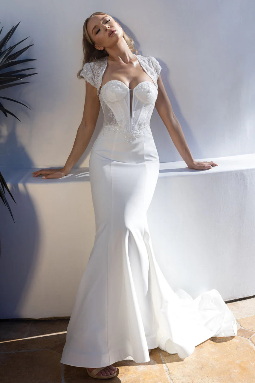 Romantic mermaid sweetheart cap sleeve wedding Dress with beaded lace corset bodice, fitted crepe skirt, and flowing train